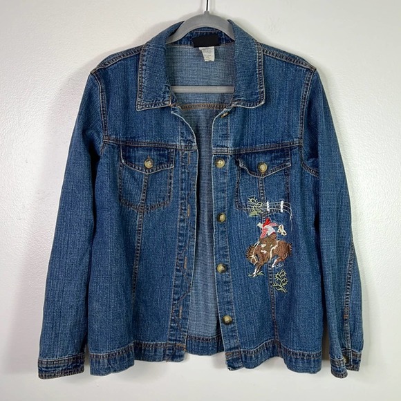 Roughrider Jackets & Blazers - VTG Roughrider Embroidered Bronc Rider Denim Jean Jacket Shacket Shirt Womens L